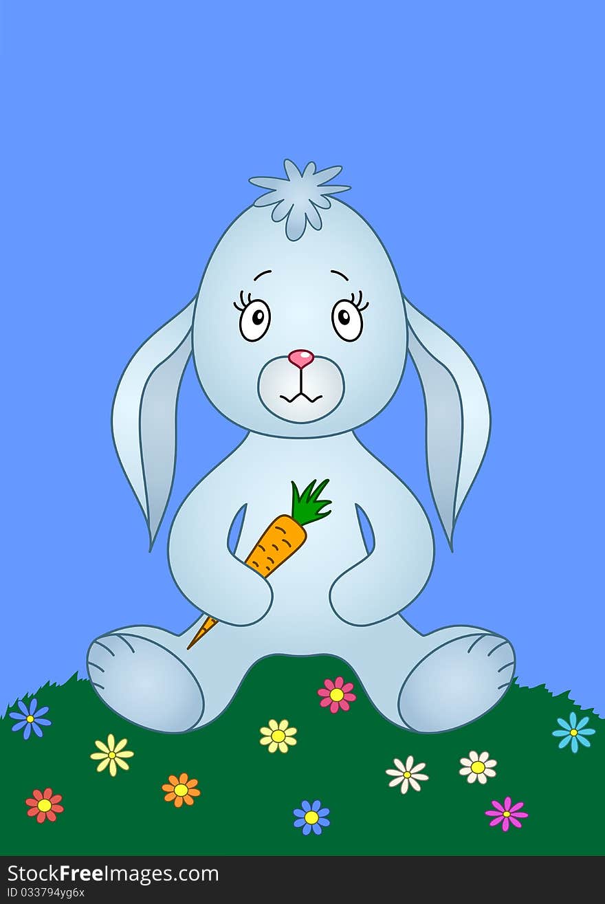 Rabbit siting on a flower meadow and holding carrot in paws. Rabbit siting on a flower meadow and holding carrot in paws