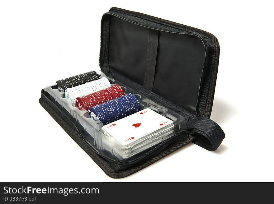 Bag with the game of poker on a white background. Bag with the game of poker on a white background