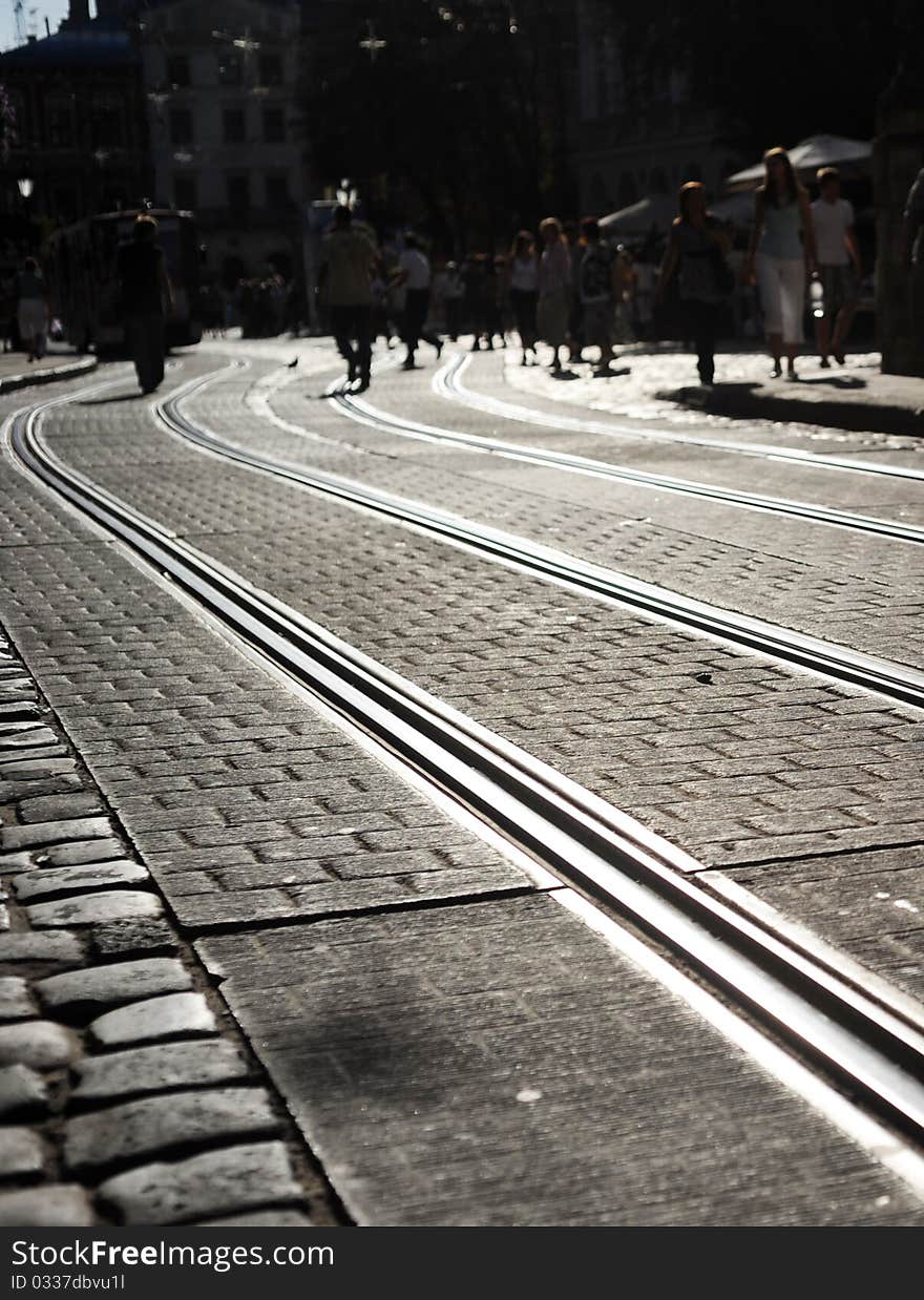 Rail tracks  cobblestone street  in center of  Lviv, Ukraine