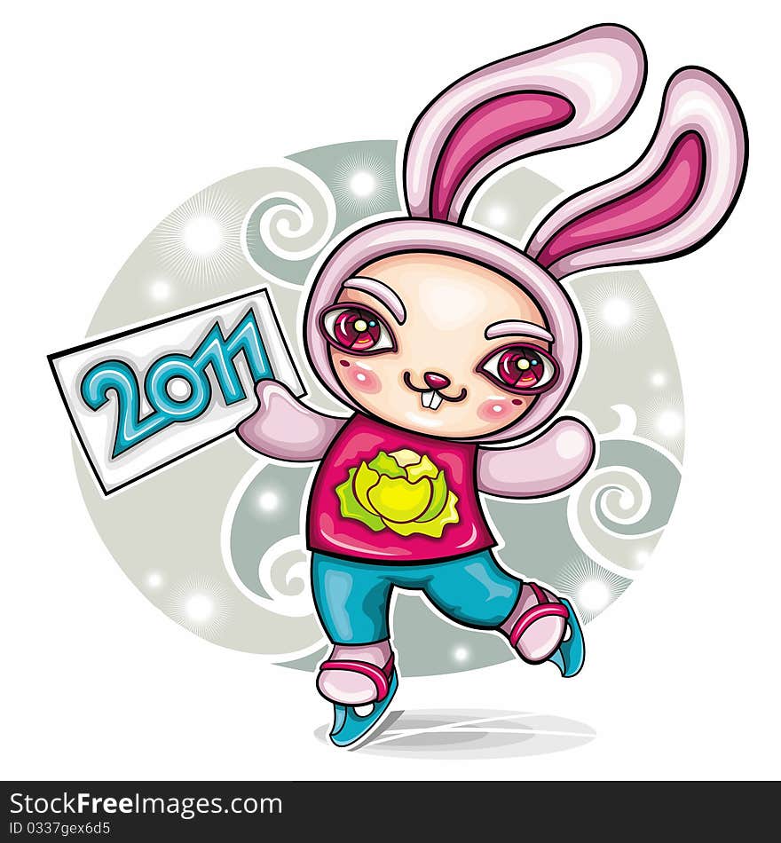 Vector greeting card: cute funny cartoon rabbit on Ice Skates, holding 2011 sign. Rabbit, a symbol of 2011, according to the Chinese calendar. Vector greeting card: cute funny cartoon rabbit on Ice Skates, holding 2011 sign. Rabbit, a symbol of 2011, according to the Chinese calendar