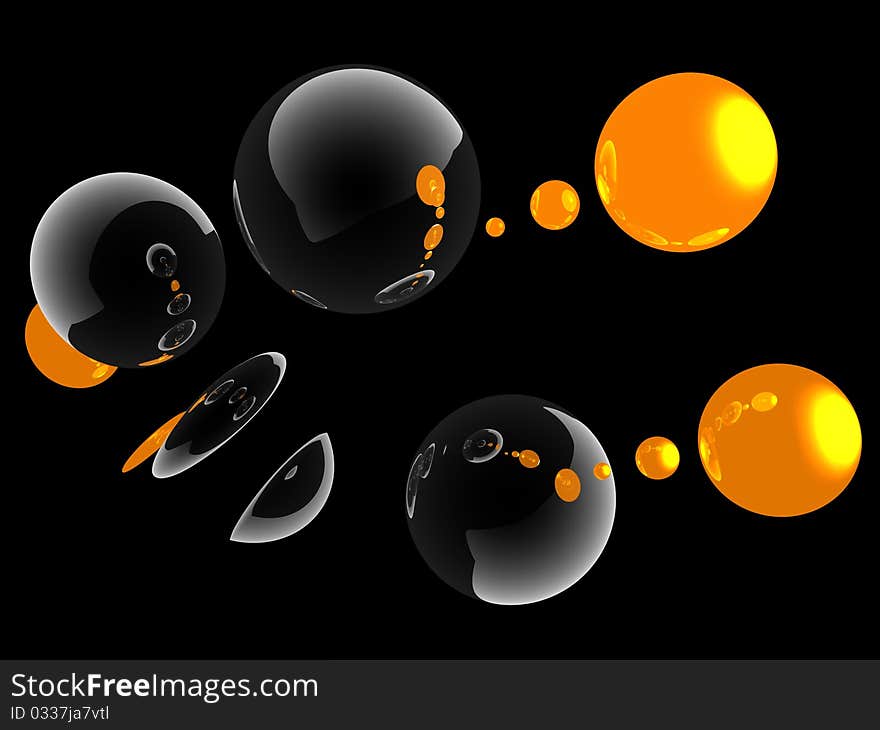 Composition of black, yellow, transparent balls on the black background. Composition of black, yellow, transparent balls on the black background