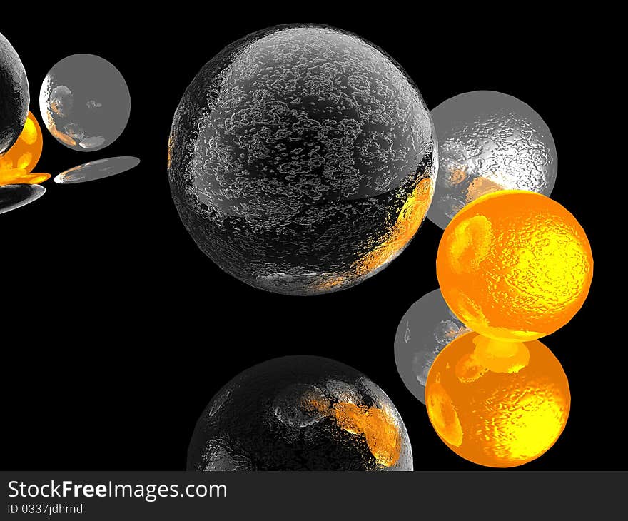 Composition of black, yellow, transparent balls on the black background. Composition of black, yellow, transparent balls on the black background