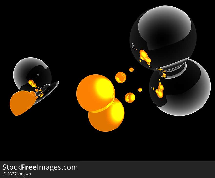 Composition of black, yellow, transparent balls on the black background. Composition of black, yellow, transparent balls on the black background