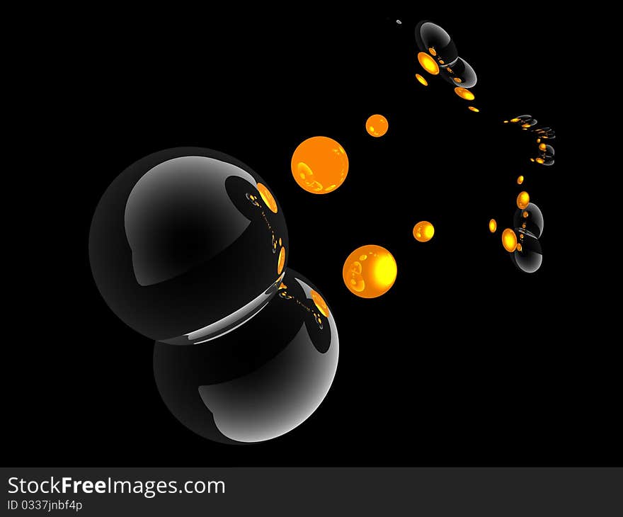 Composition of black, yellow, transparent balls on the black background. Composition of black, yellow, transparent balls on the black background