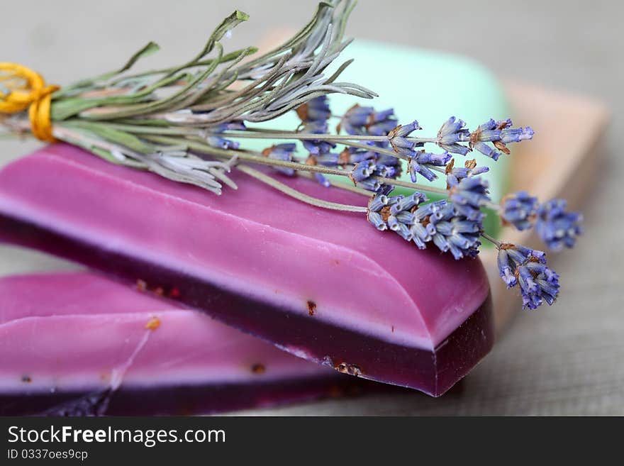 Handmade lavender soap bars and dryed lavender flowers. Handmade lavender soap bars and dryed lavender flowers