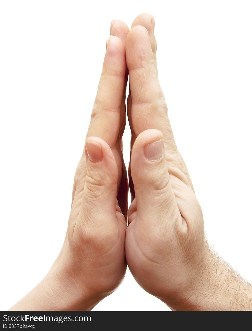 Male and female hands on white background