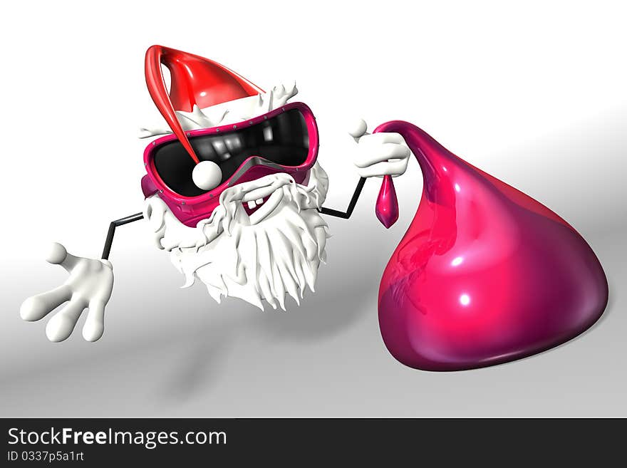 Happy Santa holds pink sack