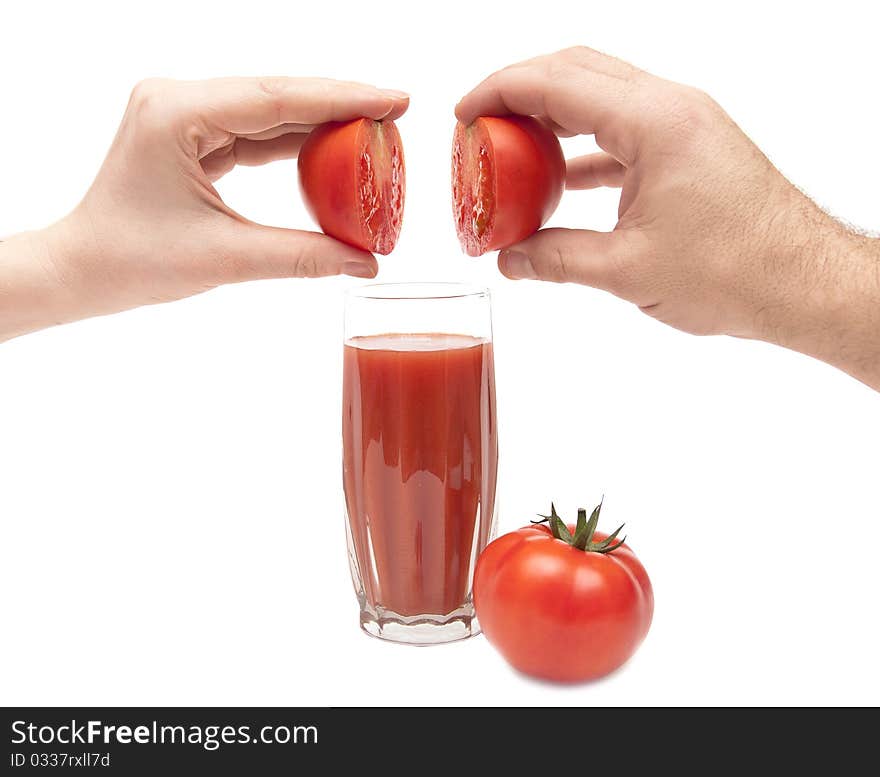 Halfs tomatoes combine male and female hands on white