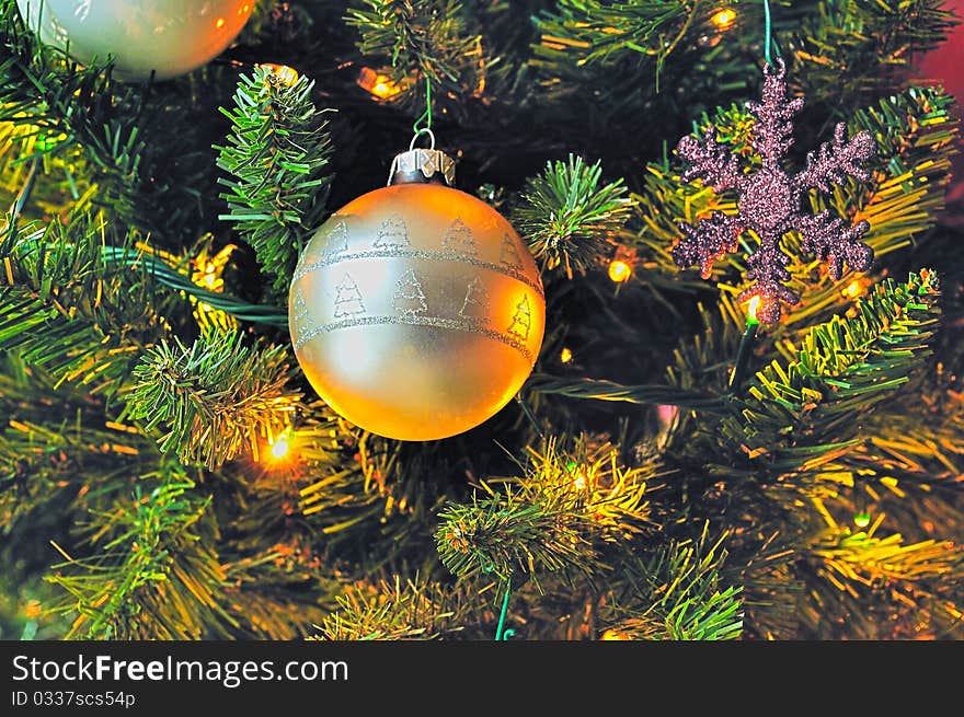 Still-life view of a Christmas tree and its lights/decorations. Still-life view of a Christmas tree and its lights/decorations