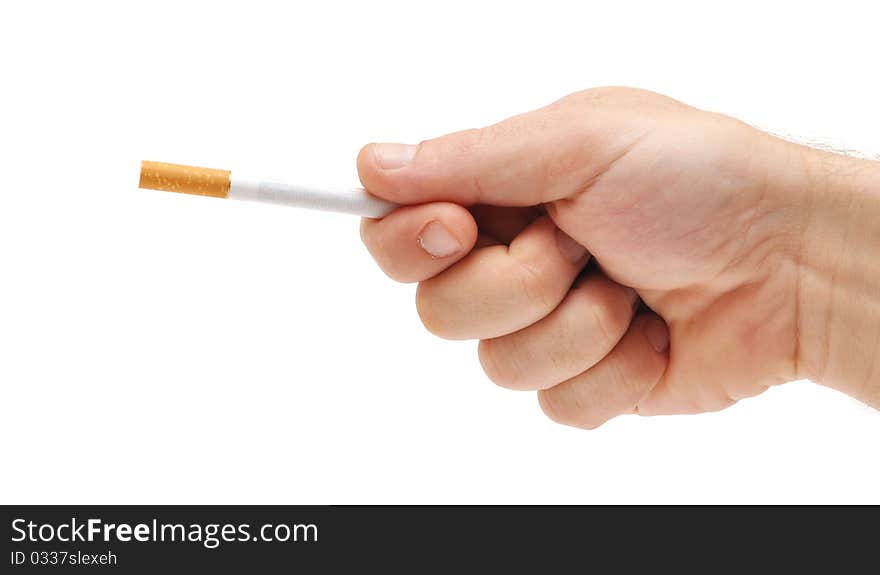 Hand gives a cigarette on a white background