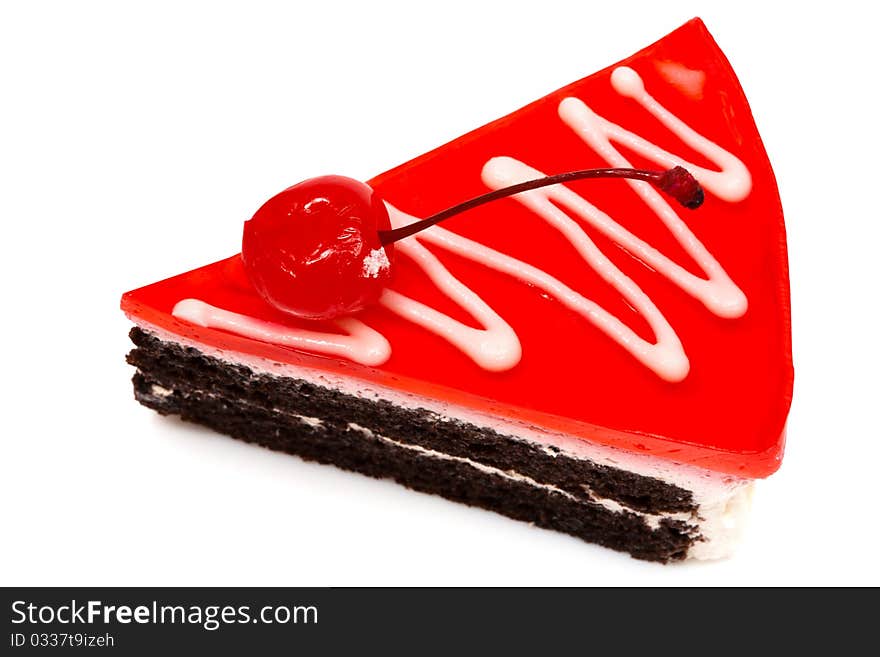 Chocolate pie with a cherry on a white background