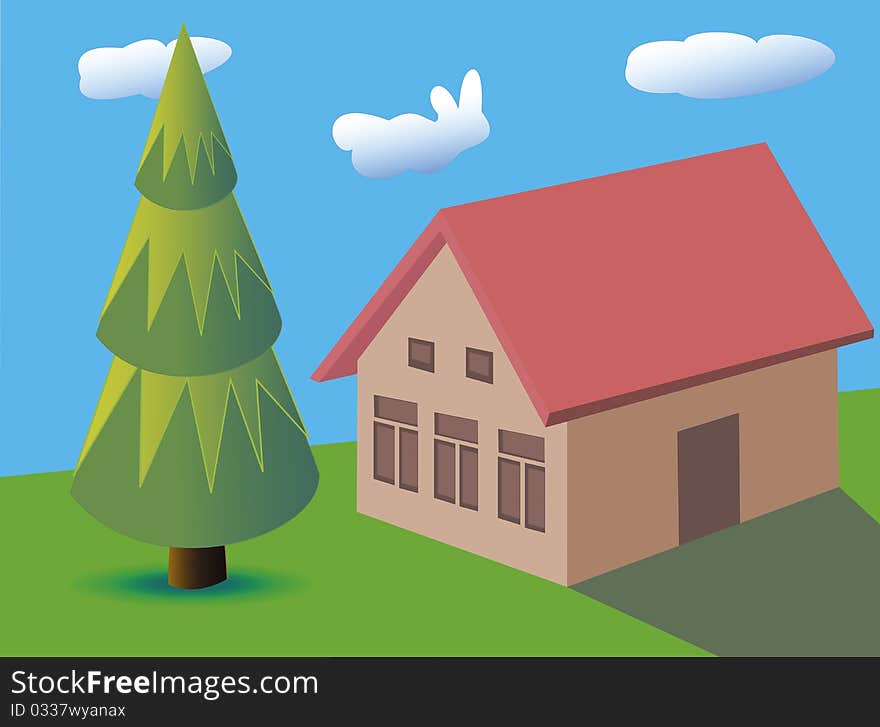 Illustration, , the landscape, costs(stands) the house with red крышейпод by the light-blue sky, високо the clouds are floating, the fur-tree, зеленеет of grasss grows