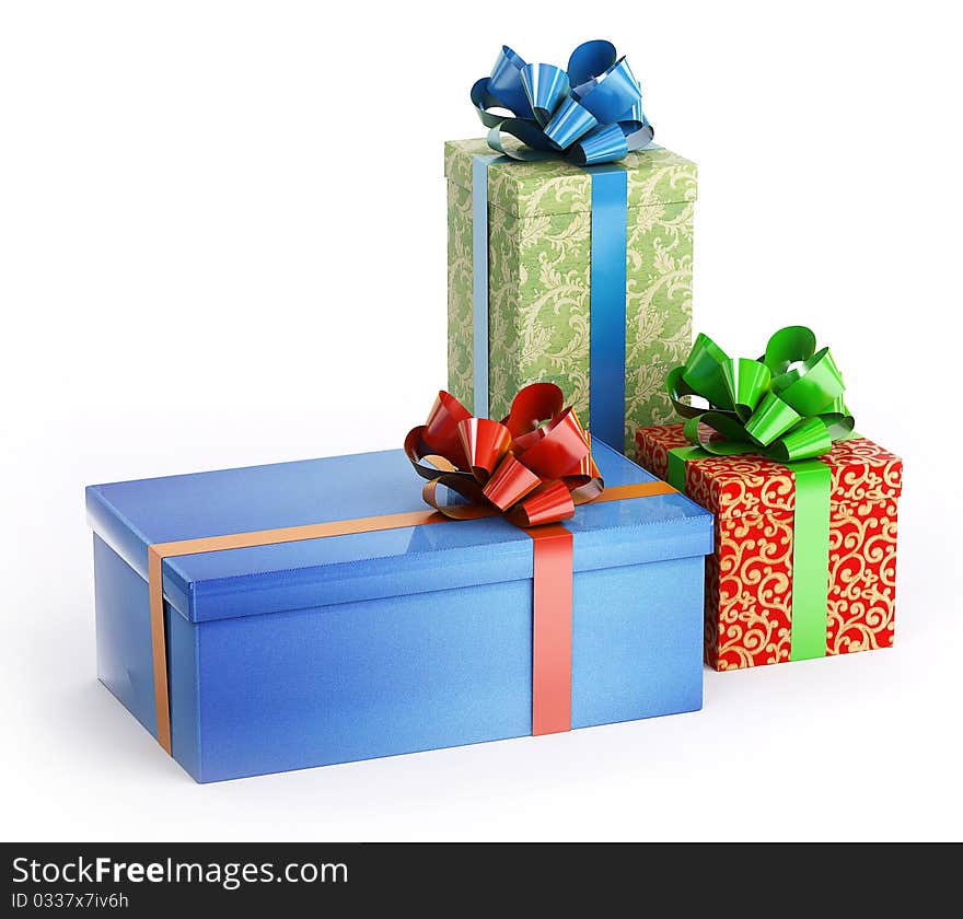 Three boxes of gifts: blue, red and green. Three boxes of gifts: blue, red and green