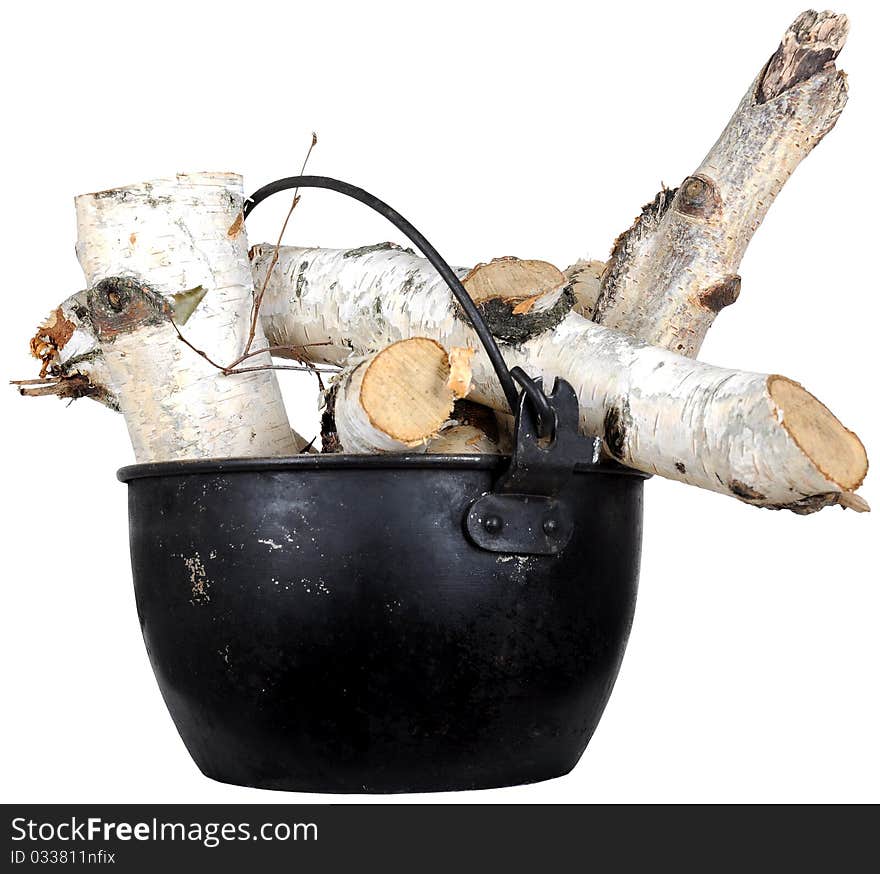 Birch wood in a metal pot, Object isolated on white background