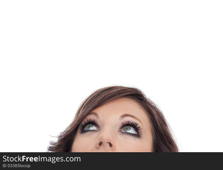 Portrait of dark haired woman on white background