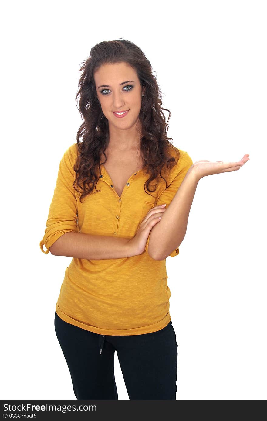 Young girl with dark hair on white background