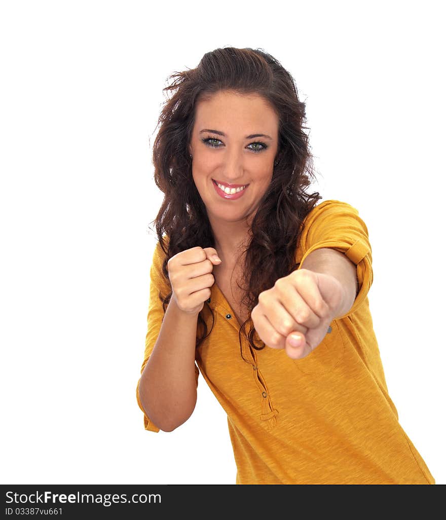 Sensual young woman with light skin and dark hair on white background