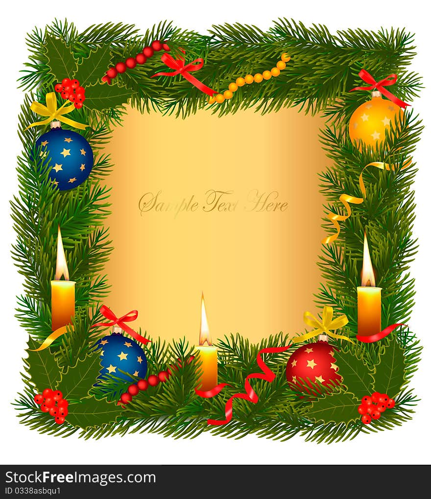 Christmas background with tree, candle and holly. Vector illustration. Christmas background with tree, candle and holly. Vector illustration.