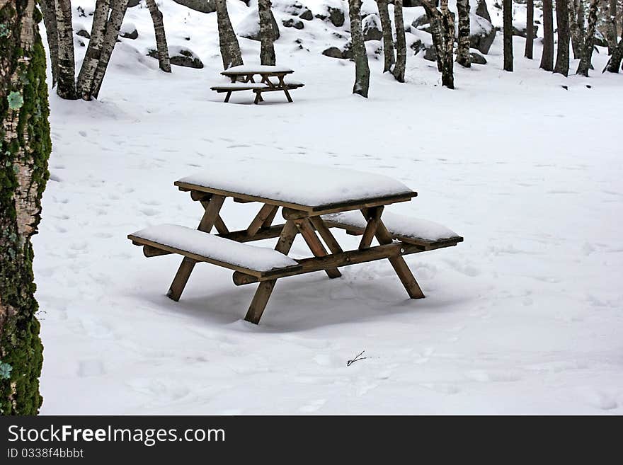 Snow on wooden benches at the park