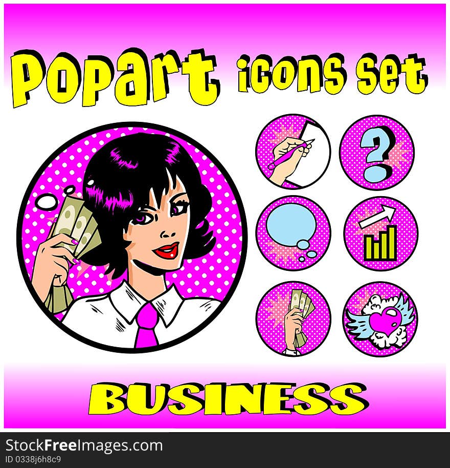 Business money top signs. vector pop art style icons set. woman in business. Business money top signs. vector pop art style icons set. woman in business