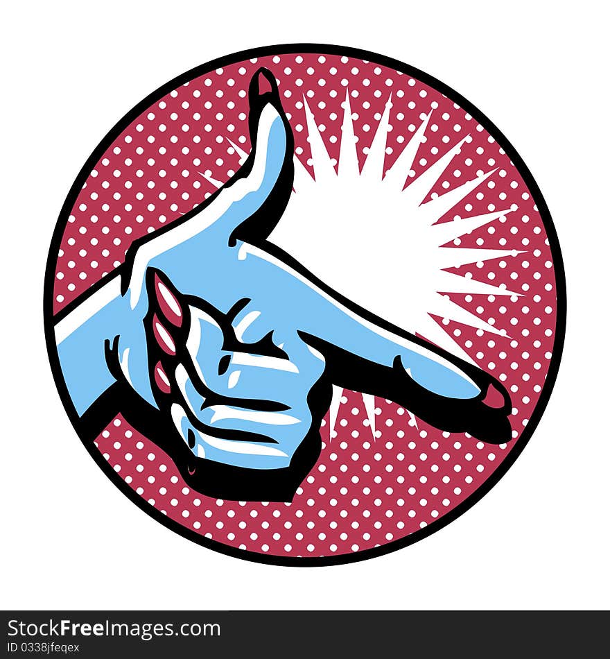 Close-up of hand, pointing like a gun. Popart comic style emblem. Close-up of hand, pointing like a gun. Popart comic style emblem