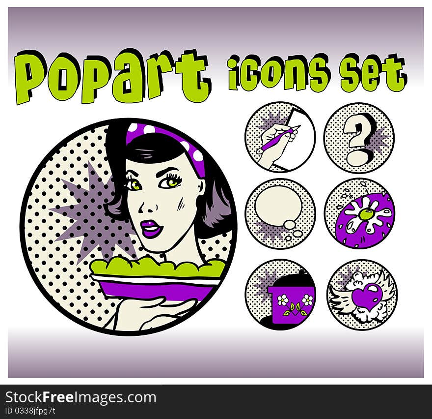 Vintage Icons of Cook and food. Popart emblems set for cooking community