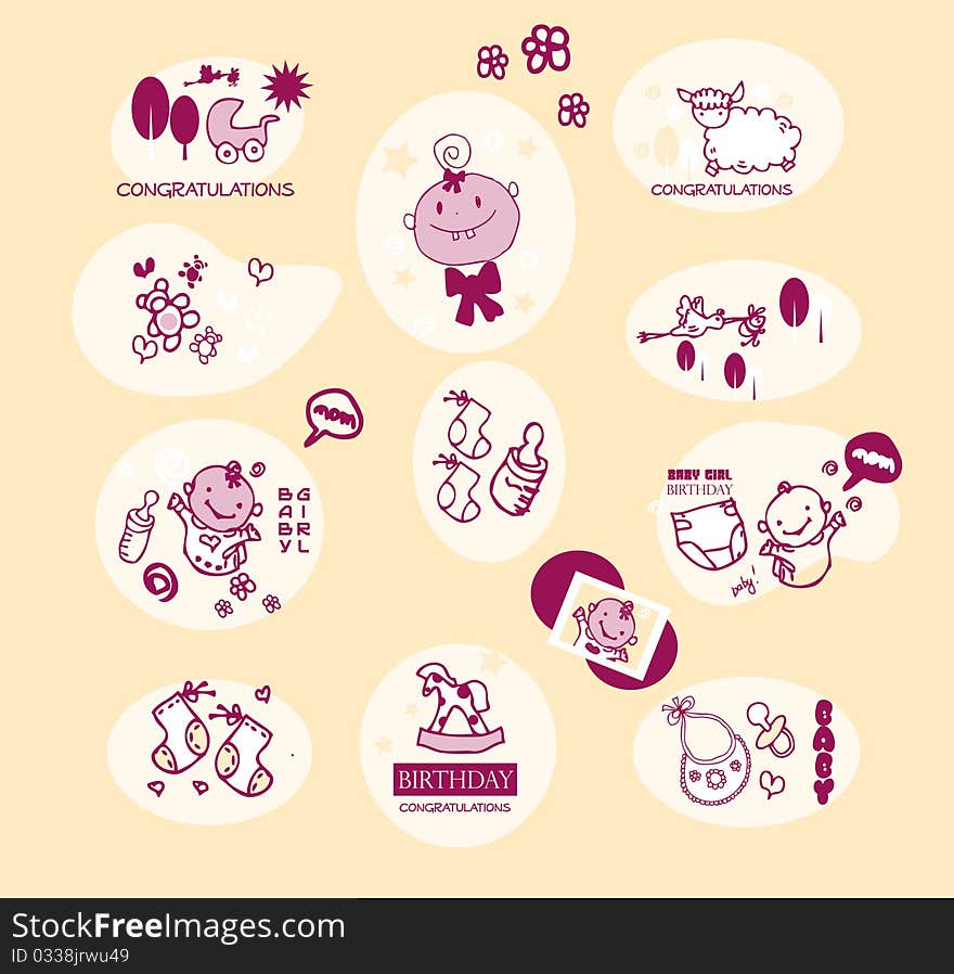 Baby girl elements set accessories clipart icons