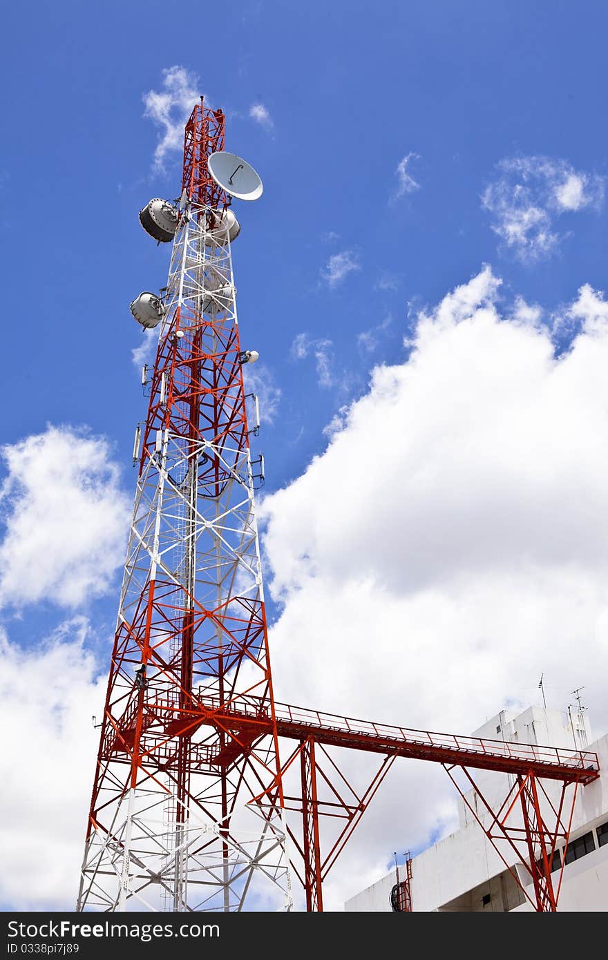 Satellite dish with sky background