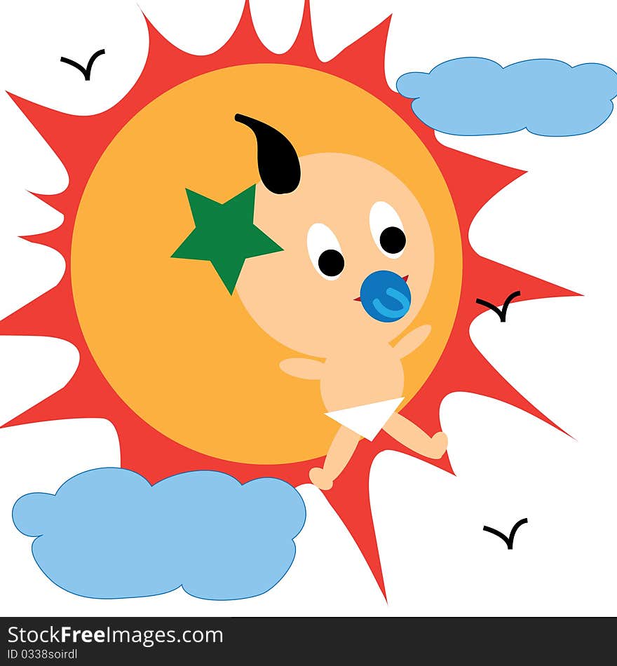 Cute baby with cute sun cloud and birds. Cute baby with cute sun cloud and birds