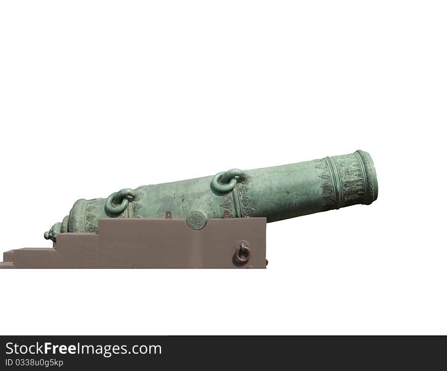 Cannon, Ancient wheeled cast iron cannon isolated on white background.
