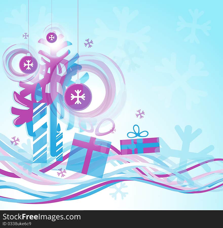 New Year and Christmas image, with the waves, tree, gifts. New Year and Christmas image, with the waves, tree, gifts.