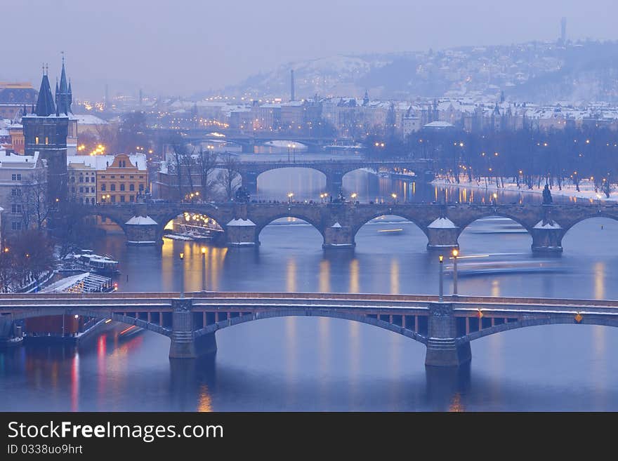 Czech republic, prague - bridges over vltava river at dusk. Czech republic, prague - bridges over vltava river at dusk