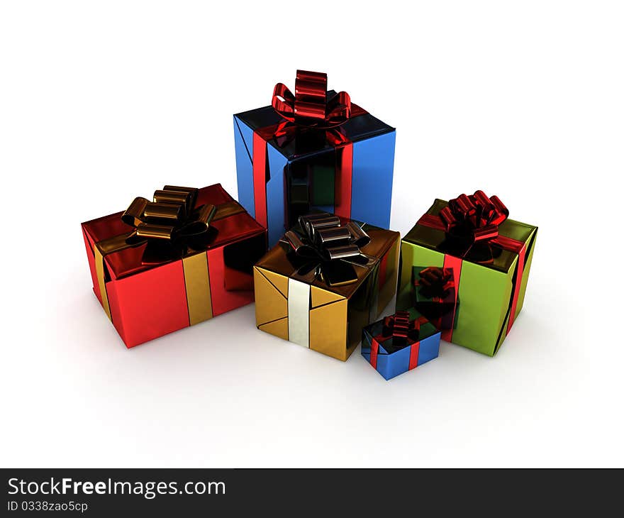 Christmas gifts. Colorful box with ribbon isolated on white background. High quality 3d render.