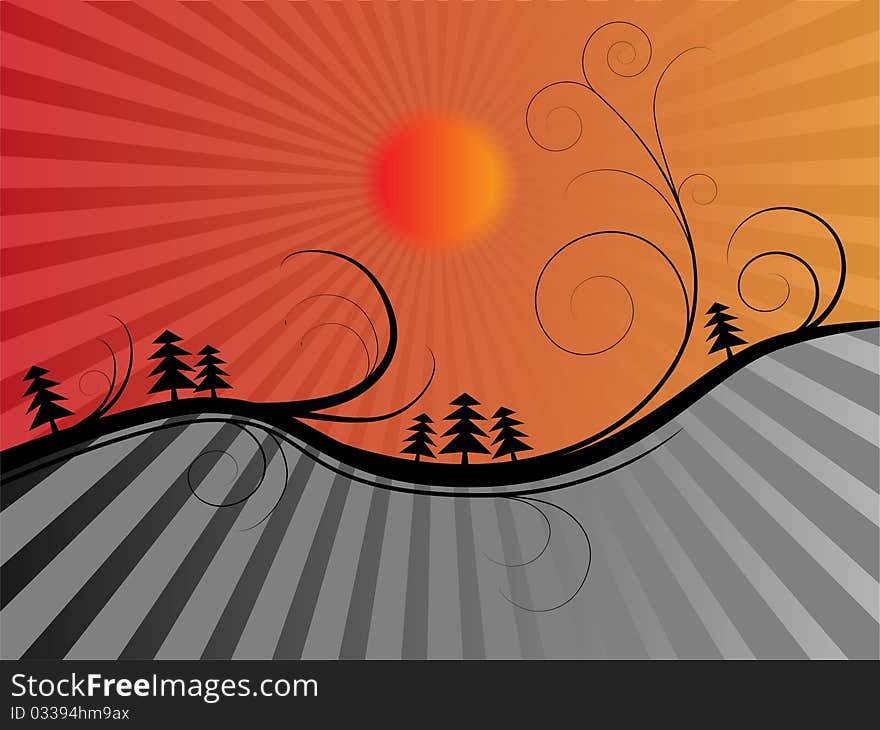 Abstract orange gray background with sun and trees. Abstract orange gray background with sun and trees