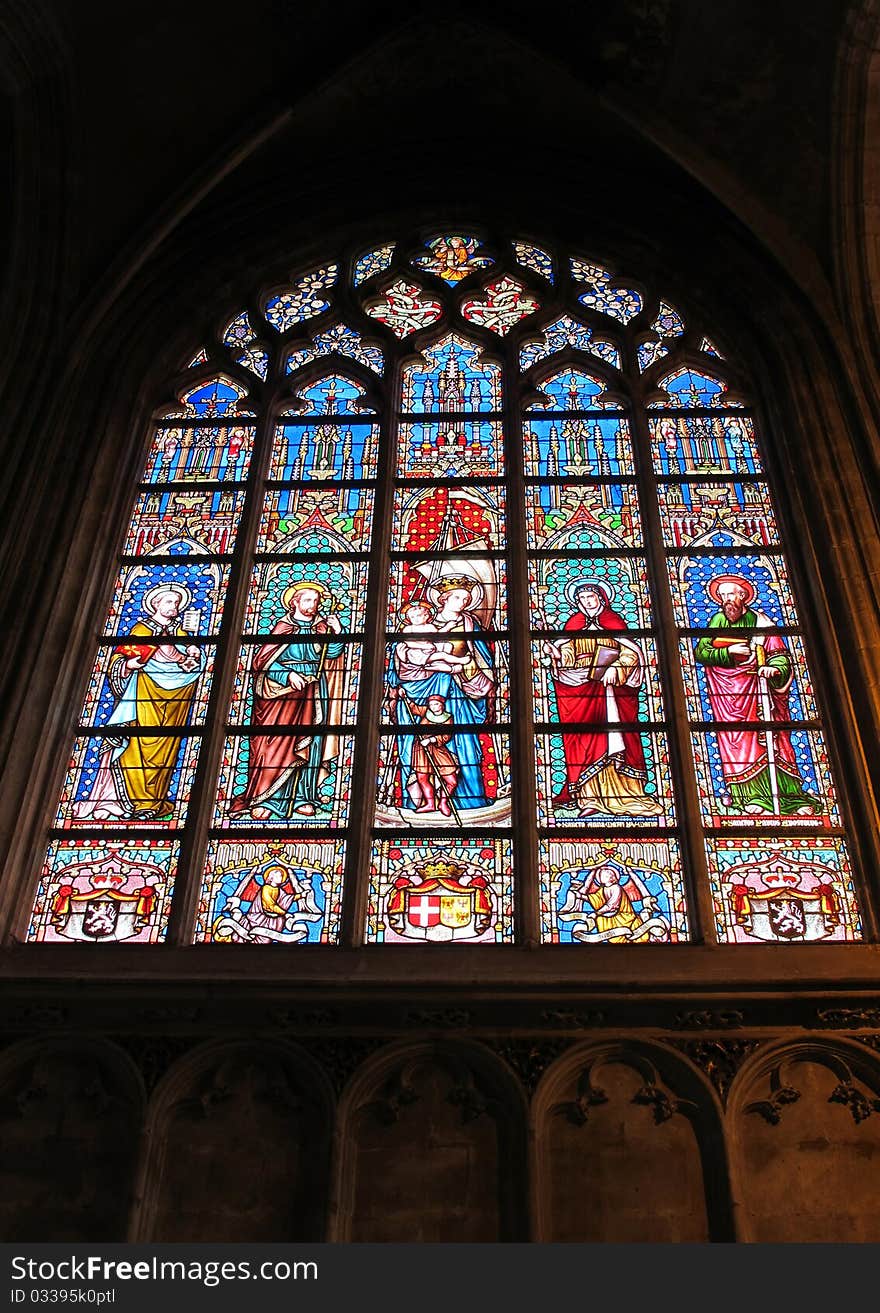 Stained window at a church in Brussels Belgium Europe , Photo on 01 OCt 2010.