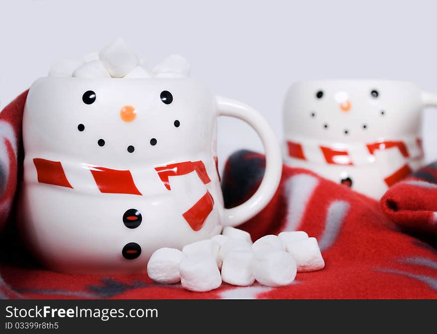 Snowman Mugs With Hot Chocolate And Marshmallows