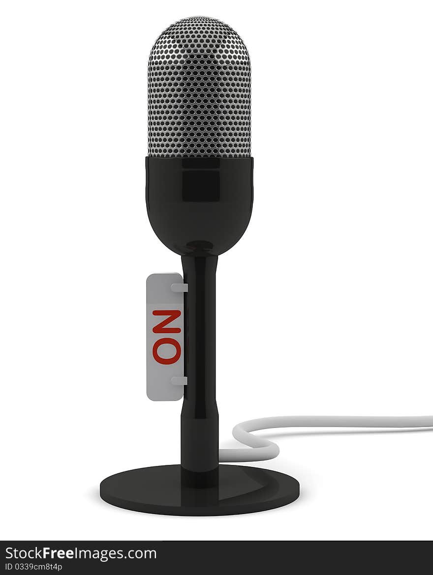 Black retro microphone with the tablet on white background