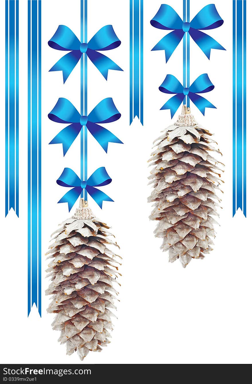 Two pine cones with blue bows