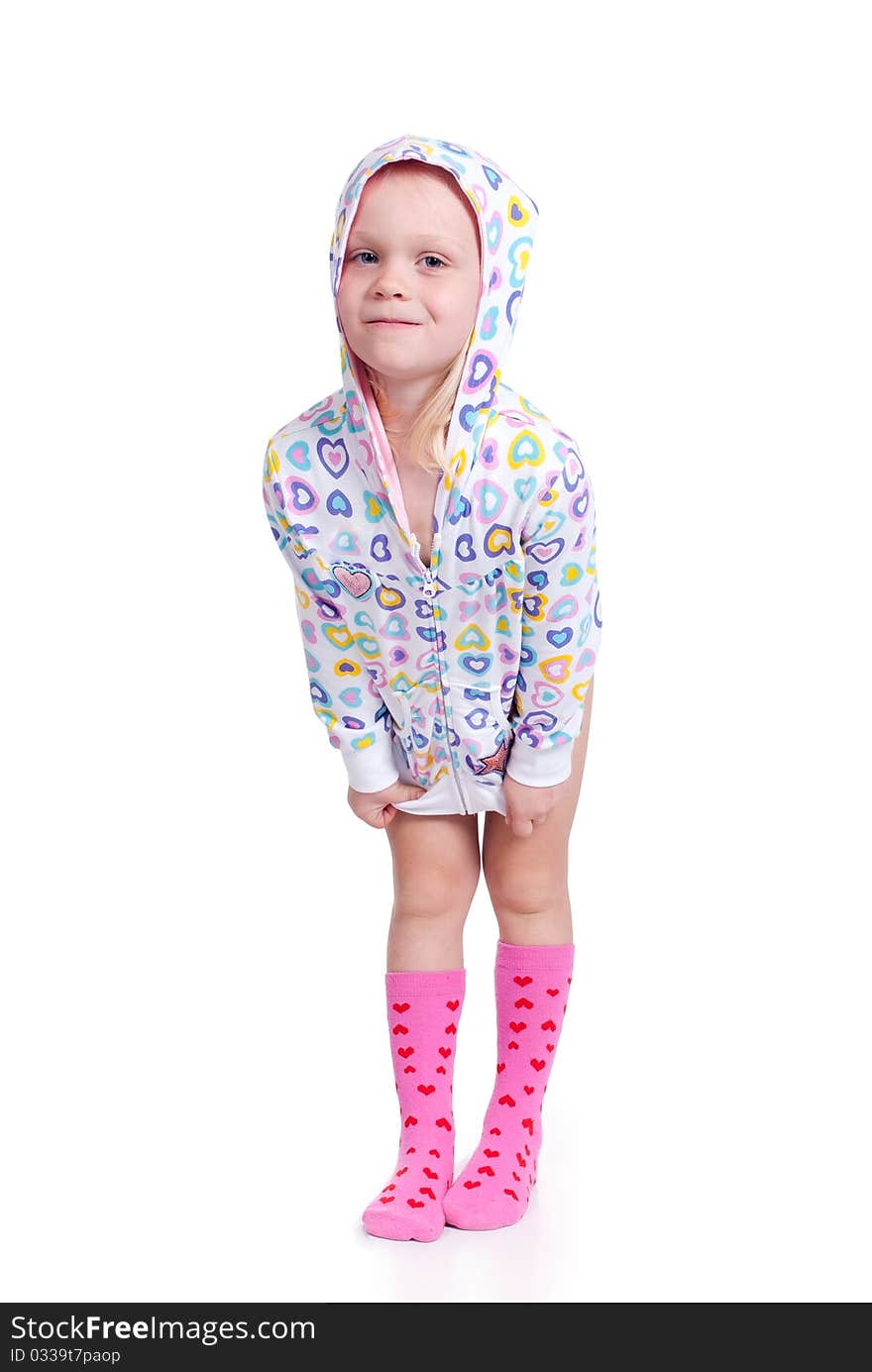 Young girl posing sad on isolated white background.