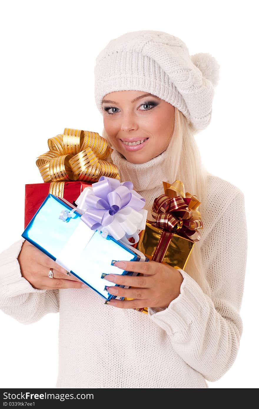 Girl holding a presents on white background. Girl holding a presents on white background