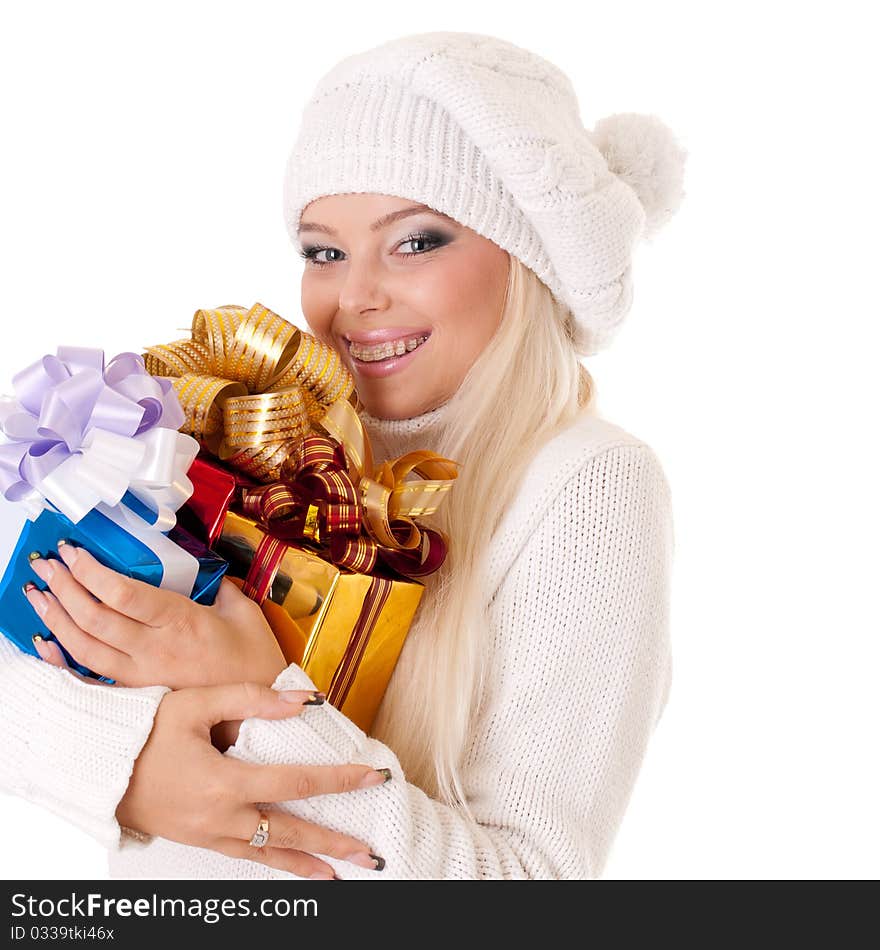 Girl holding a presents on white background. Girl holding a presents on white background