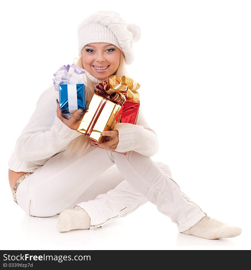 Girl holding a presents on white background. Girl holding a presents on white background