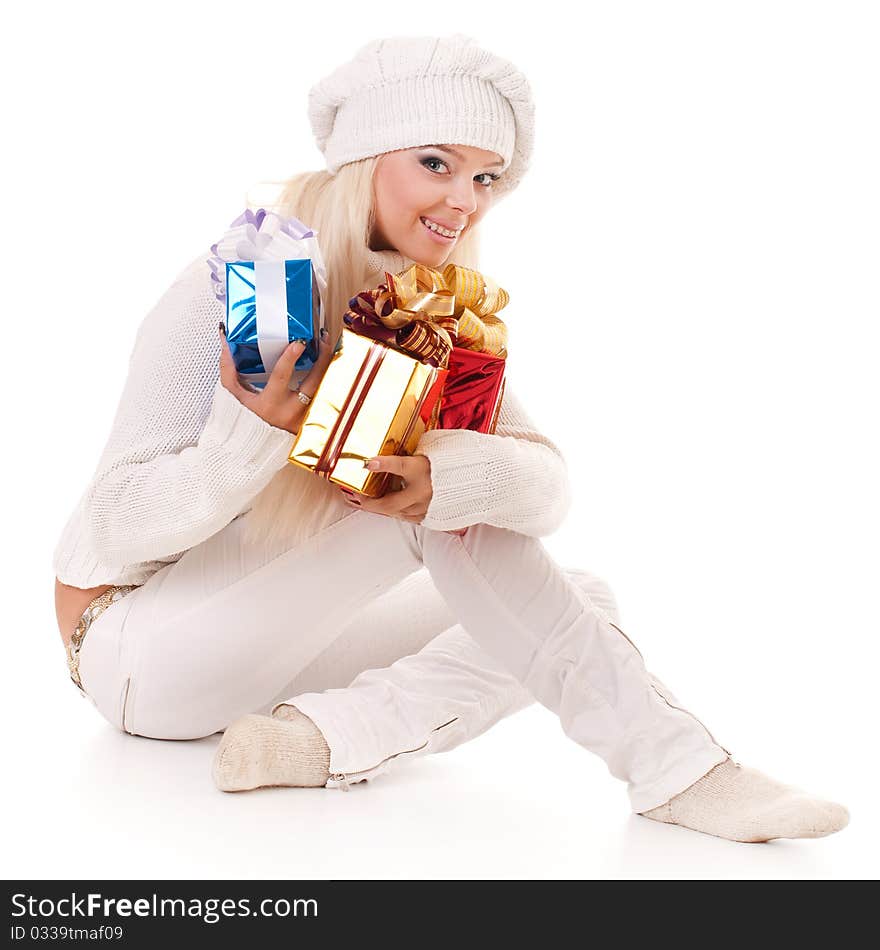 Girl holding a presents on white background