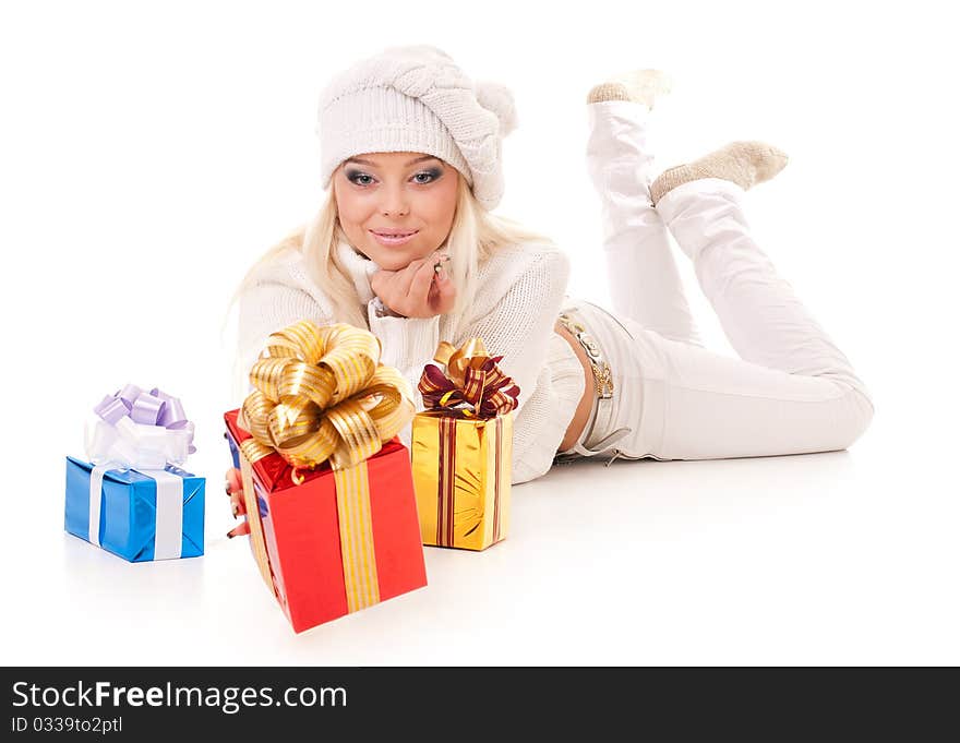 Girl holding a presents on white background. Girl holding a presents on white background