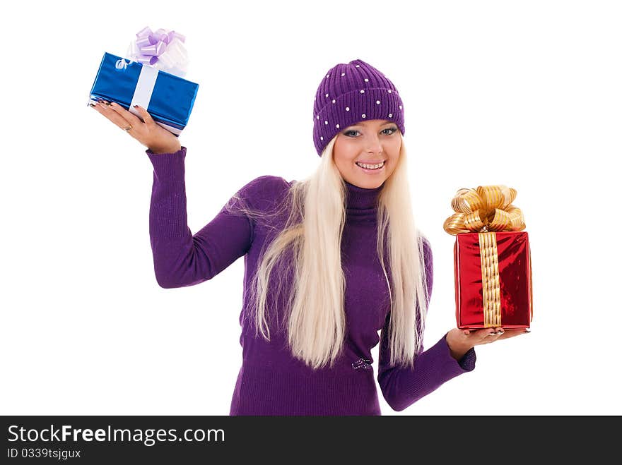 Girl holding a presents on white background. Girl holding a presents on white background