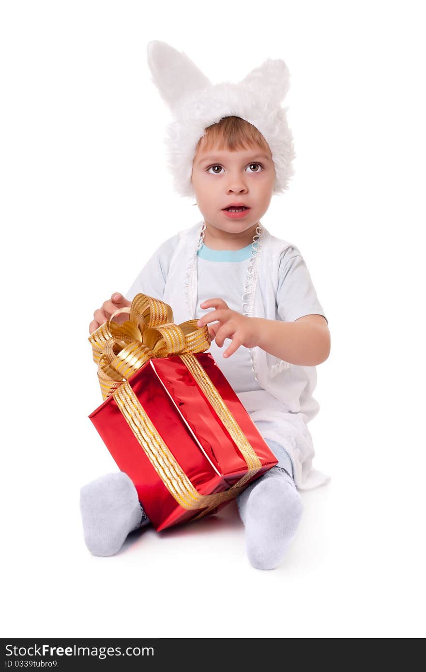 New year rabbit boy with gifts. New year rabbit boy with gifts