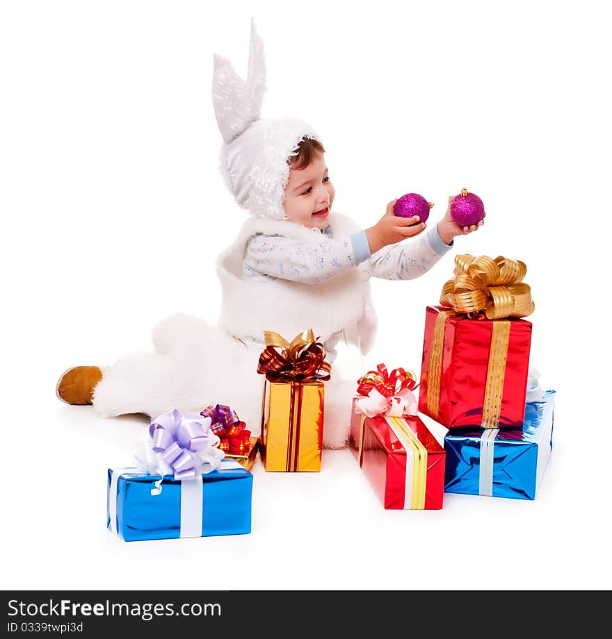 New year rabbit boy with gifts