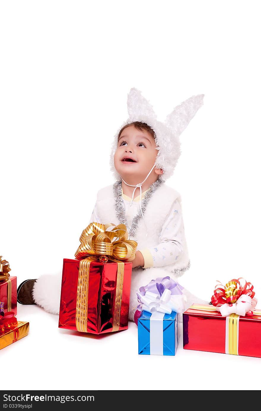 New year rabbit boy with gifts