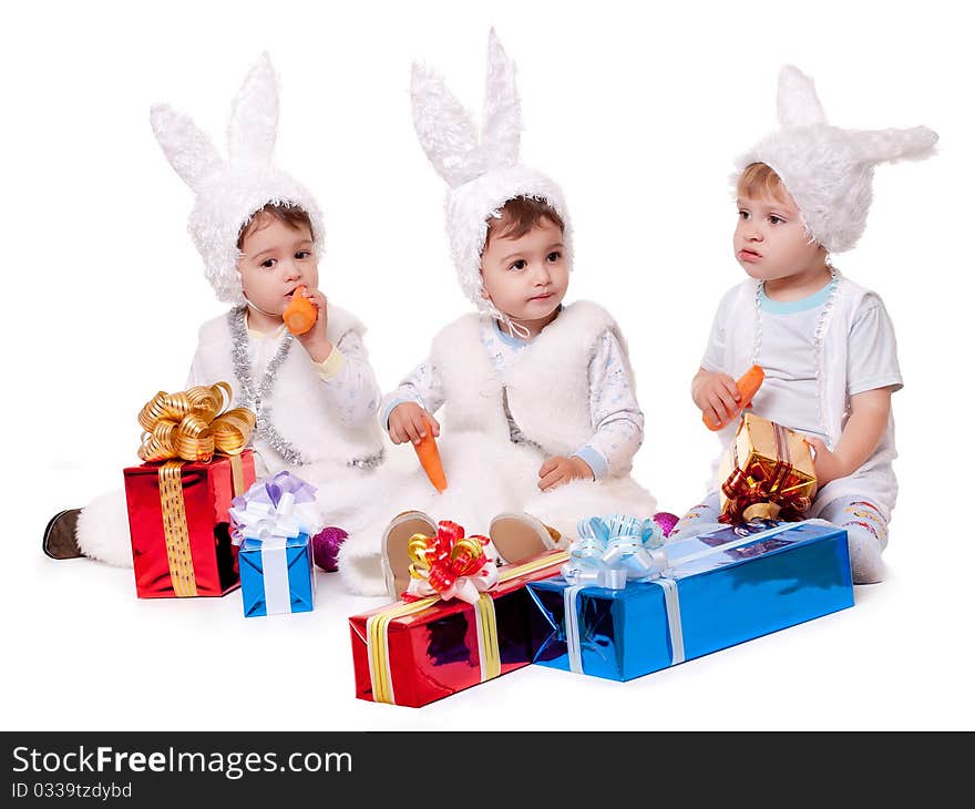 Three new year rabbit boy with gifts