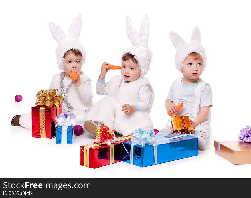 Three new year rabbit boy with gifts